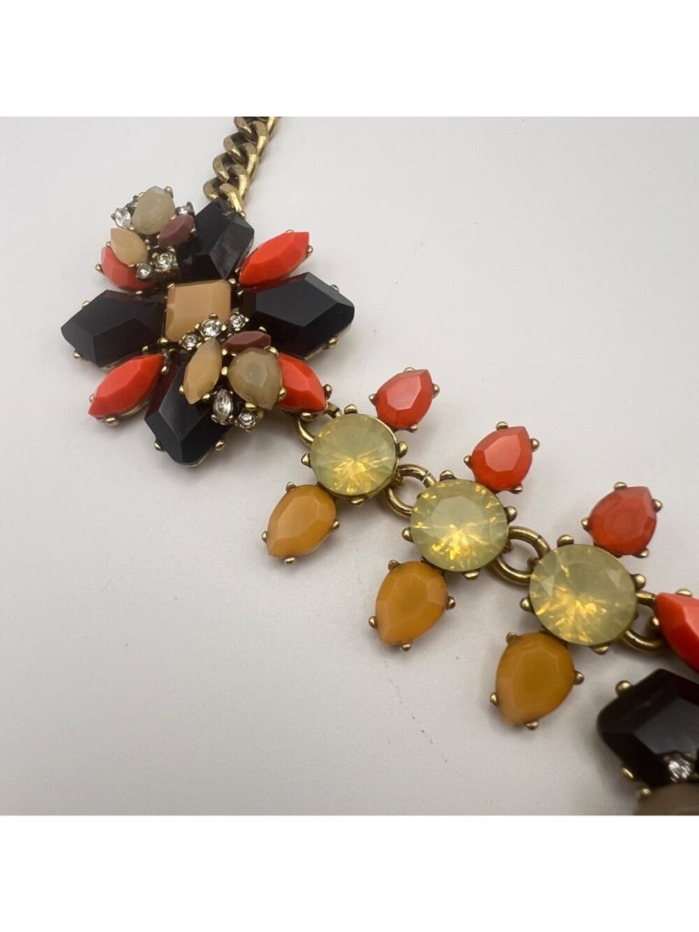 J Crew Statement Necklace Orange Black Yellow Floral Design 15+3" Gold Tone - Picture 4 of 11